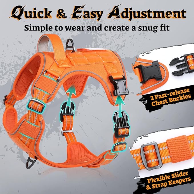 rabbitgoo Dog Harness for Large Dogs No Pull, Tactical Service Pet Vest with Molle and Control Handle, Adjustable and Reflective Military Harness for Easy Walking and Training, Orange, XL-Mewly Pet