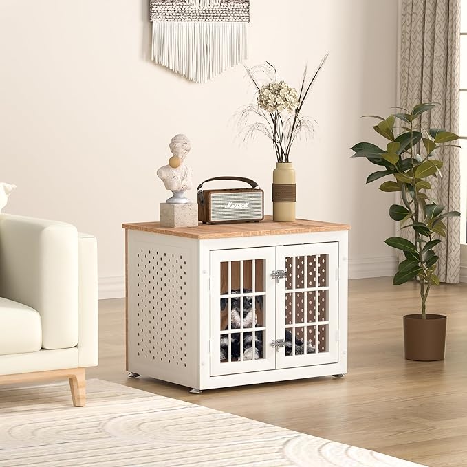26" Heavy Duty Dog Crate Furniture for Small Dogs, Metal Kennel for High Anxiety Dogs, Chew Proof Pet Cage Indoor, Decorative Dog Kennel End Table,White-Mewly Pet