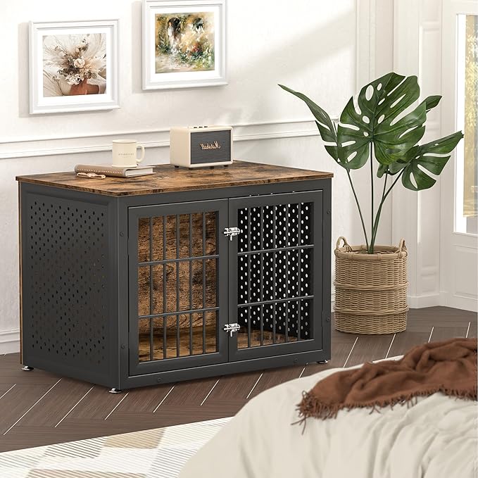 38" Heavy Duty Dog Crate Furniture for Large and Medium Dogs,Wooden Metal Kennel for High Anxiety Dogs, Chew Proof Pet Cage Indoor, Decorative Dog Kennel End Table-Mewly Pet