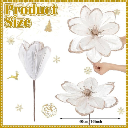 8 Pcs Large Christmas Flower Magnolia Flowers Christmas Tree Decoration Artificial Poinsettia Stems Velvet Xmas Ornaments for Xmas Tree Table Decor(White,16 Inch)