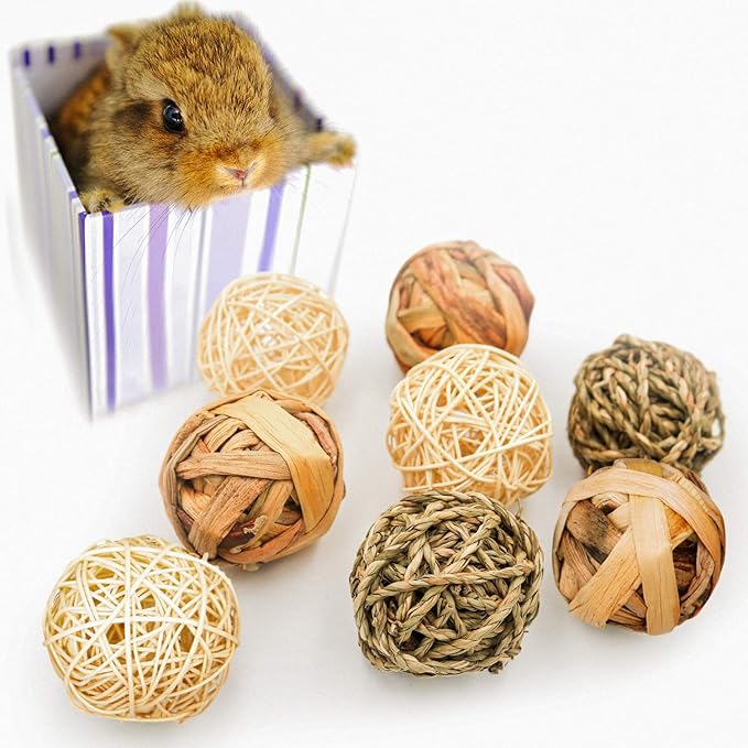 9 Pcs Small Animals Play Balls Rolling Activity Chew Toys Gnawing Treats for Rabbits Guinea Pigs Chinchilla Bunny Natural Balls, Pet Cage Entertainment Accessories (9 Pcs)-Mewly Pet