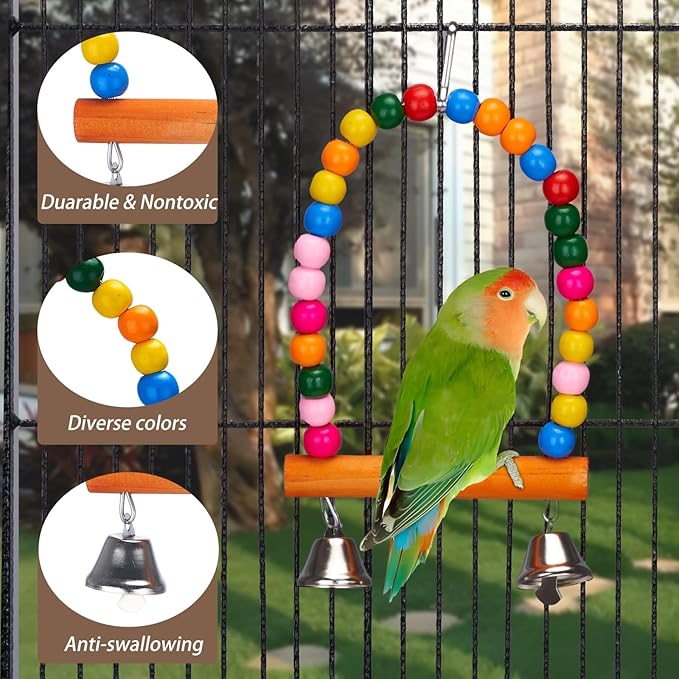 11Pcs Bird Parakeet Toys Wooden Bird Platform Stands Swing Hanging Chewing Toy Parrot Climbing Ladder Colorful Bird Cage Toys for Parakeet, Conure, Cockatiel, Love Birds, Finches-Mewly Pet