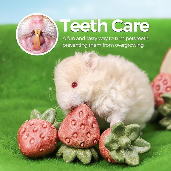 TEEWY 4PCS Hamster Chew Toys, Guinea Pig Chew Toys for Teeth with Natural Vegetables and Timothy Grass, Chinchilla Toys,Dental Care for Rats/Guinea Pigs/Hamsters and Gerbil, Strawberry-Shape-Mewly Pet