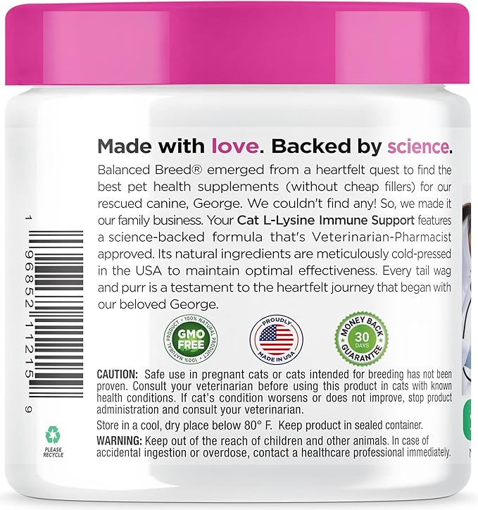 Balanced Breed L-Lysine Cats Immune Support Soft Chews Made in USA Vet-Pharmacist Approved Seasonal Allergy Relief Cat Vitamins Indoor Cats Supplements Krill Oil Asthma Relief Cat Lysine Treats NonGMO-Mewly Pet