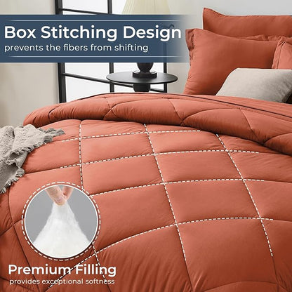 HEVUMYI Burnt Orange Queen Comforter Set - 7-Piece All Season Bed in a Bag Queen, Ultra Soft Bedding Set with Comforter, Flat Sheet, Fitted Sheet, Pillowcases, Pillow Shams