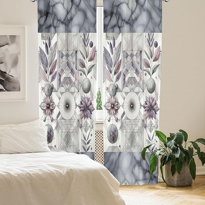 Ambesonne Geometric Floral Window Curtains, Classic Marble Print Ornate Leafy Flowers and Futurist Stripes, Lightweight Decor 2-Panel Set with Rod Pocket, Pair of - 28" x 63", Ceil Blue Laurel Green