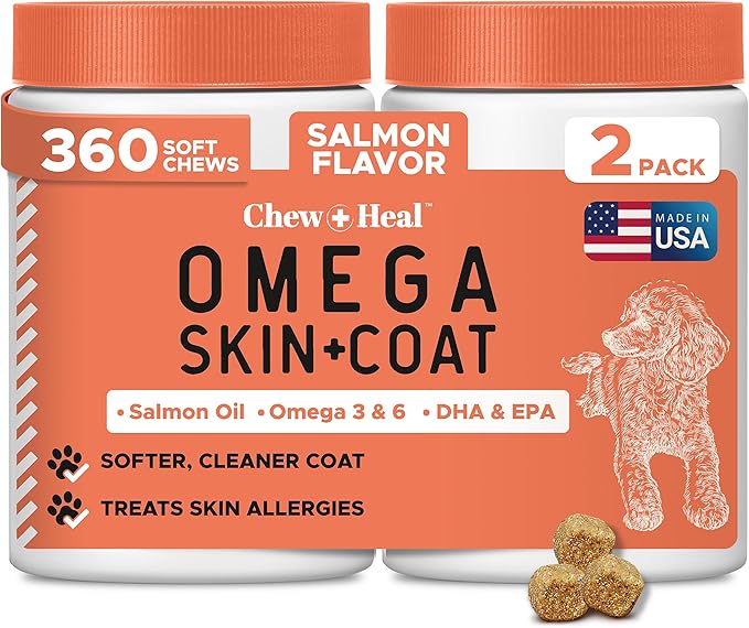 Fish Oil Omega 3 Supplements for Dogs -360 Soft Chew Treats for Skin and Coat -Salmon Oil Blend of Fatty Acids, Omega 3, 6, Vitamins, Antioxidants -Made in USA (2 Packs of 180, Salmon Flavor)-Mewly Pet