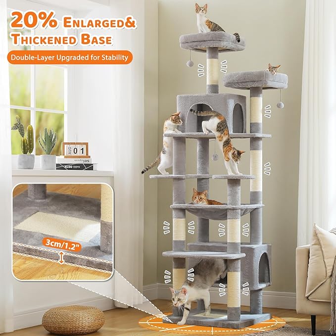 PAWZ Road Heavy Duty Cat Tree for Large Cats, 81 Inches Tall Cat Tower with 2 Perches, 2 Condos and Spacious Hammock, XL Extra Large Condo with 7 Scratching Posts for 20lb+ Adult Cats,Gray-Mewly Pet