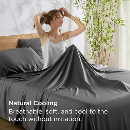 Bedsure Queen Sheet Set, Rayon Derived from Bamboo, Cooling Sheets, Breathable & Soft, Deep Pocket Up to 16 Inches, Hotel Luxury Silky Bedding for Hot Sleepers, Grey