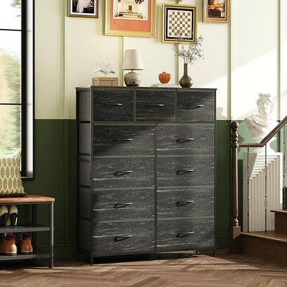 WLIVE Storage Organizer Unit with 11 Fabric Bins, Storage Drawers Organizer with Steel Frame, Tall Storage Tower Organizaton for Living Room, Hallway, Office, Charcoal Black Wood Grain Print