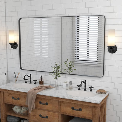 VocalStar 60 x 36 Inch Black Bathroom Mirror for Wall, Large Rounded Rectangle Metal Framed Bathroom Wall Vanity Mirror Farmhouse, 1/4-inch Shatterproof Glass | Ultra-Flush Hanging