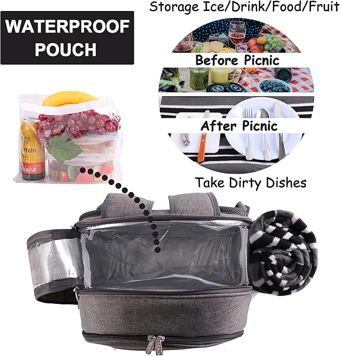 Apollo Walker Picnic Backpack Set for 2 Person with Cooler Compartment, Detachable Bottle/Wine Holder, Fleece Blanket, Plates and Cutlery Set-Mewly Pet