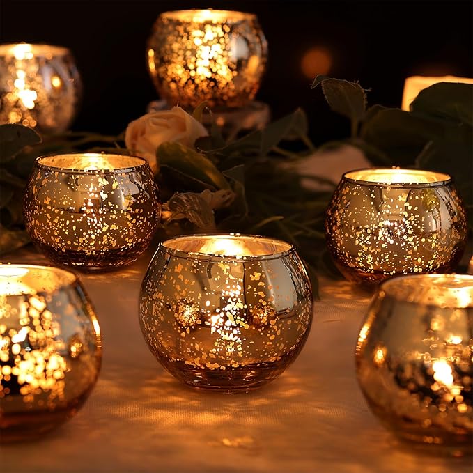 12 Pcs Rose Gold Candle Holders for Birthday Party Decorations- Mercury Glass Votives Tea Lights Holders for Wedding/Bridal Shower/Mother's Day Table Centerpieces, Rose Gold Party Supplies for Women