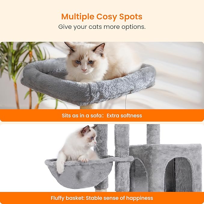 Heybly Cat Tree with Cat Self Groomer Brush, Cat Tower Condo for Indoor Cats with Padded Plush Perch, Cat House with Basket Scratching Board Post, Light Gray HCT005SW-Mewly Pet