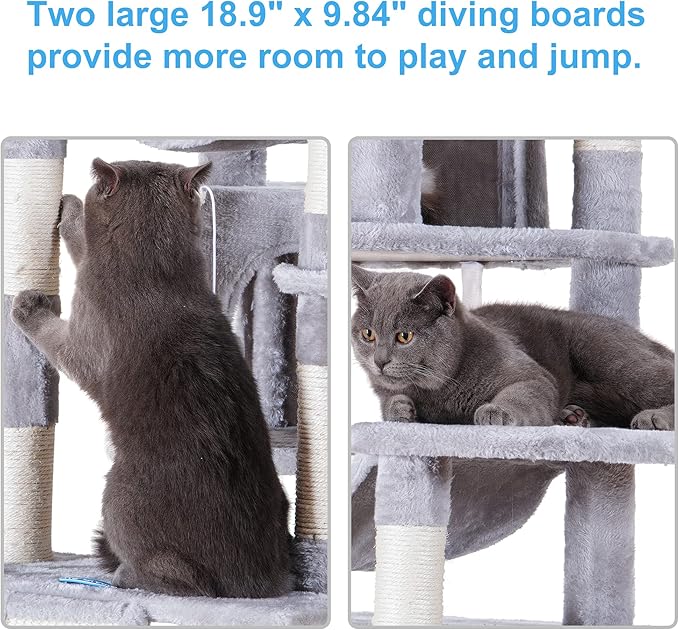 Hey-brother Cat Tree, 71 inches XL Large Cat Tower for Indoor Cats, Multi-Level Cat House with 3 Padded Perches, Big Scratcher, Cozy Basket, 2 Cat Condos and Scratching Posts, Light Gray MPJ034W-Mewly Pet