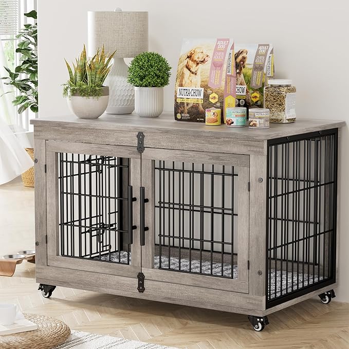 Lulive Dog Crate Furniture Set of 2, Dog Kennel Indoor Double Doors Wooden Dog Cage, 38'' Heavy Duty Dog Crate with Cushion & Wheels, End Table Pet House Chew-Resistant Up to 70 lb, Grey-Mewly Pet