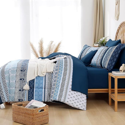 Cottolester Boho Comforter Set California King Size,8 Pieces Navy Blue Bohemian Striped Bed in a Bag,Paisley Soft Microfiber Bedding Comforter Set
