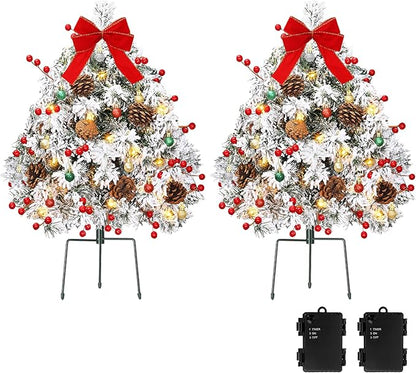 Lewondr Set of 2 Prelit Pathway Christmas Trees, 27.56" Outdoor Christmas Tree with 50 LED Lights, Pine Cones Red Berries, Battery Operated Outdoor Xmas Decor for Yard Home Porch, White Snowflake