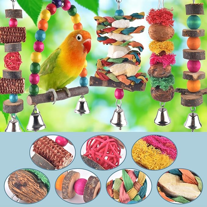 Bissap Bird Chew Toys, 7 Packs Parakeet Natural Wood Toys Parrot Hanging Cage Toy Bird Perch Stand for Small Bird Conure Cockatiel Parrotlet Lovebird Budgie-Mewly Pet