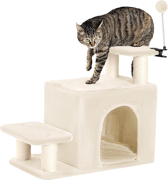 Happi N Pets Dog Stairs with Cat Scratching Post & Large Condo, Stable Pet Steps for High Beds Couch, 3 Combinations Cat Ramp Tree Tower for Cats or Small Dogs, Removable Cushion & Bonus Toy, Beige-Mewly Pet