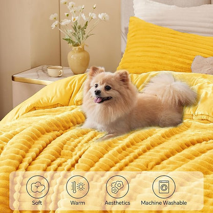 BEDELITE Fleece Queen Comforter Set -Super Soft & Warm Fluffy Bright Yellow Bedding, Luxury Fuzzy Heavy Bed Set for Winter with 2 Pillow Cases