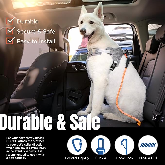 Dog Seat Belt for Car | Universal Dog Car Seatbelt | Durable Reflective Rope with Clip Hook Latch, Buckle and Carabiner- Safe and Secure Pet Safety Restraint (Orange)-Mewly Pet