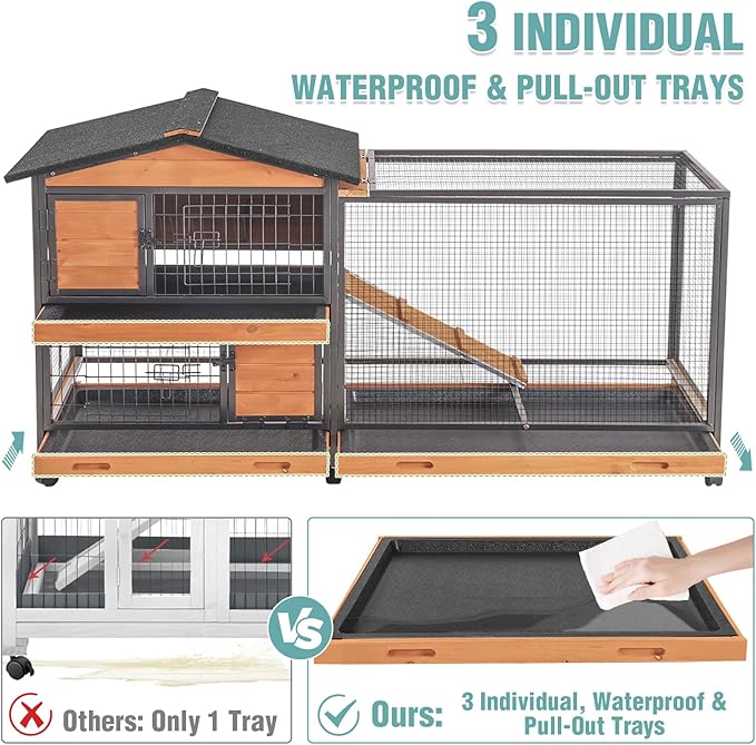 2-Story Rabbit Cage with Chew-Proof Metal Frame for Indoor/Outdoor - 62" Bunny Hutch Guinea Pig Cages with 6 Locking Wheels & 2 Removable Trays for Rabbits/Guinea Pigs-Mewly Pet