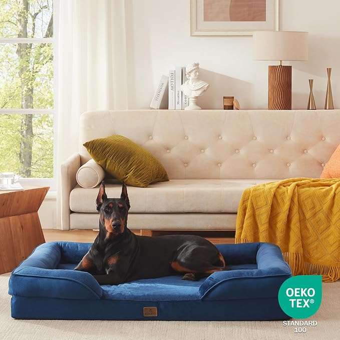 Bedfolks Orthopedic Dog Bed, Waterproof Dog Sofa Bed for Extra Large Dogs, Egg Foam Pet Couch Bed with Removable Washable Cover and Nonslip Bottom, Navy Blue-Mewly Pet