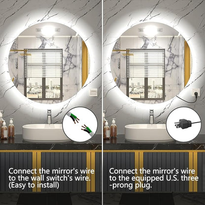 24 Inch Round LED Mirror for Bathroom,Backlit Round Bathroom Mirror with Lights, Anti-Fog, Touch, Dimmable, 3000K/4500K/6000K