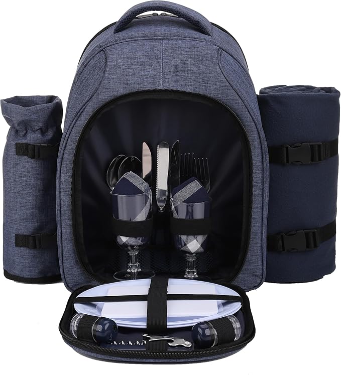 Apollo Walker Picnic Backpack Bag for 2 Person with Cooler Compartment, Detachable Bottle/Wine Holder, Fleece Blanket, Plates and Cutlery Set (2 Person, Navy)-Mewly Pet