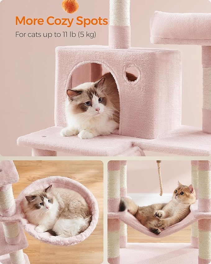 Feandrea Cat Tree, 66.1-Inch Large Cat Tower with 13 Scratching Posts, 2 Perches, 2 Caves, Basket, Hammock, Pompoms, Multi-Level Plush Cat Condo for Indoor Cats, Jelly Pink UPCT165P01-Mewly Pet