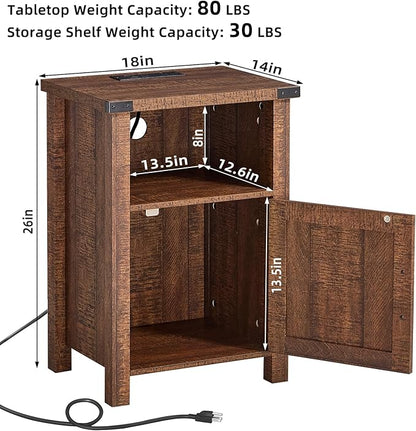 Night Stand Set of 2, 18 Inch Farmhouse Nightstand with with Charging Station and USB Port, Rustic Wood Bedside Table with Magnetic Door, Bed Side Tables for Bedroom, Reclaimed Barnwood