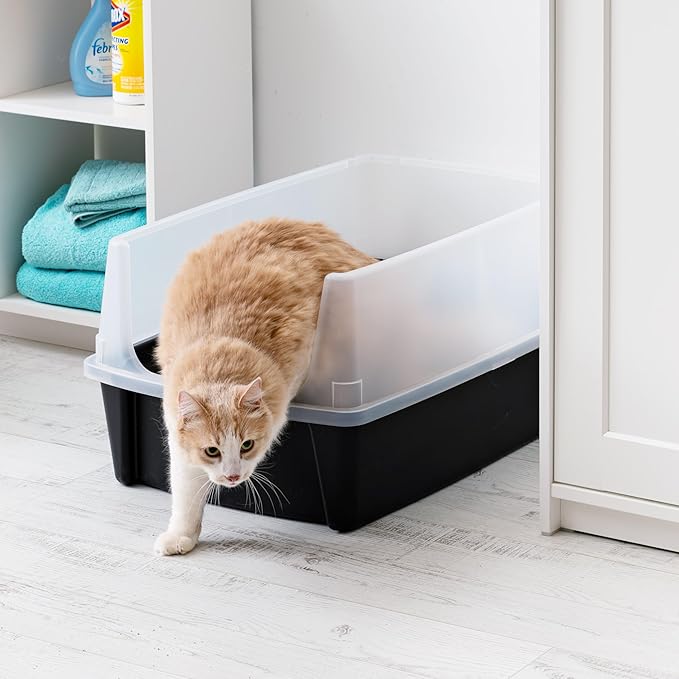 Bundle of IRIS USA 2 Pack XX-Large Cat Litter Boxes with Scatter Shield and Scoop, Open Top High Sided Cat Litter Pan, Black & Navy-Mewly Pet