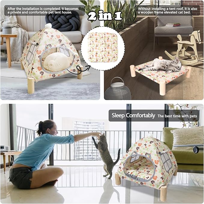2-in-1 Elevated Cat Tent Cat House, Quick Assembly and Disassembly, Portable Indoor/Outdoor Cute Cat Bed Cave-Butterfly and Flower-Mewly Pet