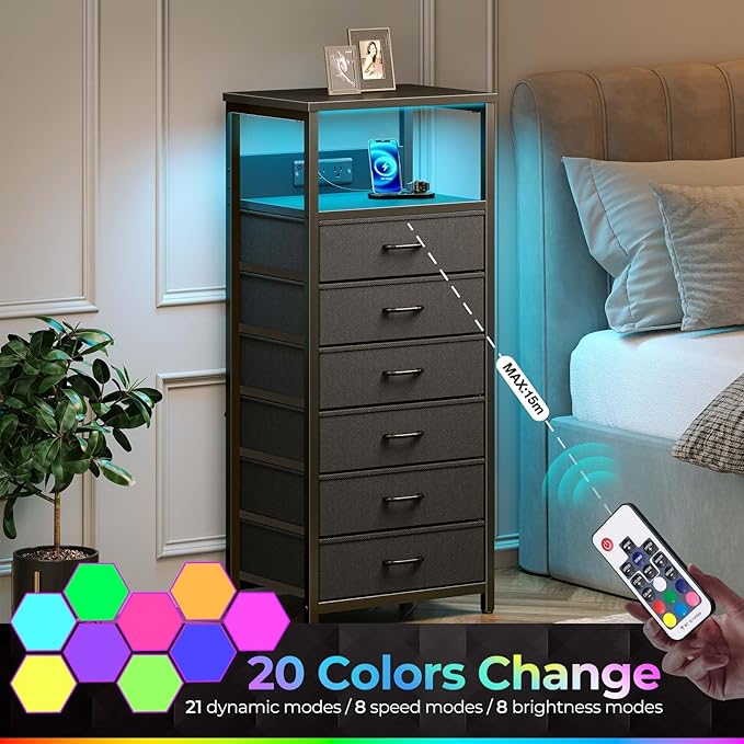 Seventable Night Stand with Charging Station, Tall Nightstand with 6 Fabric Storage Drawers, Side Table with LED Light for Bedroom, Entryway, Black, Set of 2