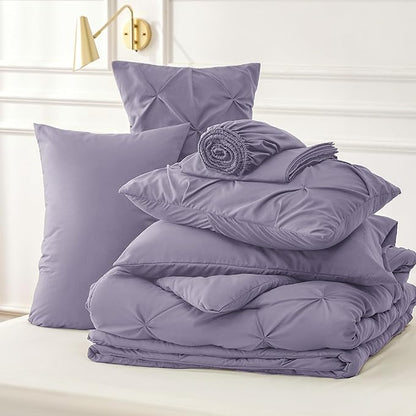 Bedsure Twin Comforter Set Grayish Purple - Bed in a Bag Twin Size Bedding 5 Pieces, GentleSoft™ Pintuck Bed Set Gift for Family, Pinch Pleat Grayish Purple Comforter with Sheets, Pillowcase & Sham