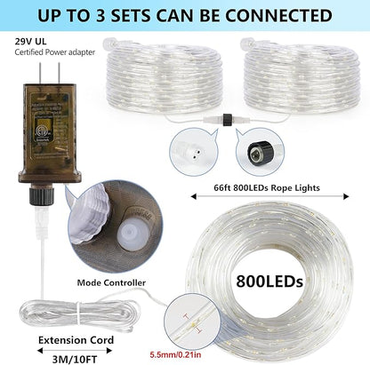 Connectable LED Rope Lights Indoor 66ft 800 LED Cool White Strip Lights Plug in with Remote &Timer, Connectable Rope Lights for Outside, Waterproof Lights for Bedroom Deck Patio Yard Garden Pool