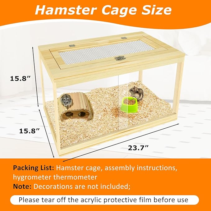 24" Hamster Cage, Lockable Sliding Door Gerbil Cage, Dwarf Hamster Cage with Metal Mesh Roof, Mice and Small Animal Habitat, Chewproof Syrian Hamster Enclosure, (Wooden, 24" L x 16" W x 16" H)-Mewly Pet