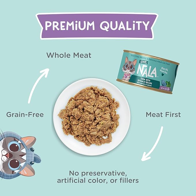 LOVE, NALA - Natural Adult Cat Wet Food - Pate Tuna with Spinach Recipe- Grain Free, Non-GMO, Lean Protein, Iron, Digestive Fiber Blend, Added Minerals & Vitamins - 12 Pack 2.4 lbs.-Mewly Pet