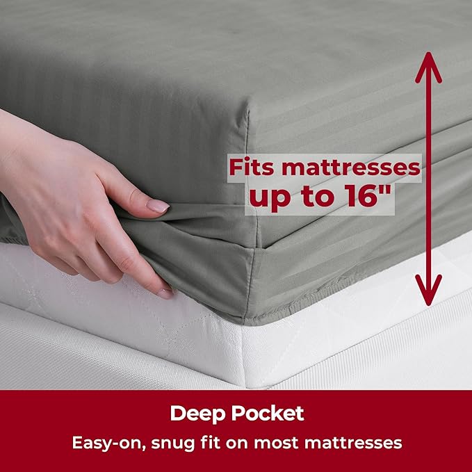Mellanni California King Sheets Set - 4 PC Iconic Collection Bedding - Hotel Luxury, Extra Soft, Cooling Bed Sheets - Wrinkle, Fade, Stain Resistant (Cal King, Striped Gray/Silver)