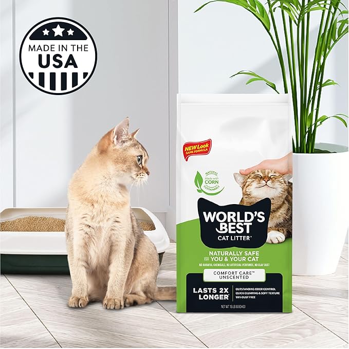 WORLD'S BEST CAT LITTER Comfort Care Unscented, 8-Pounds - Natural Ingredients, Quick Clumping, Flushable, 99% Dust Free & Made in USA - Long-Lasting Odor Control & Easy Scooping-Mewly Pet