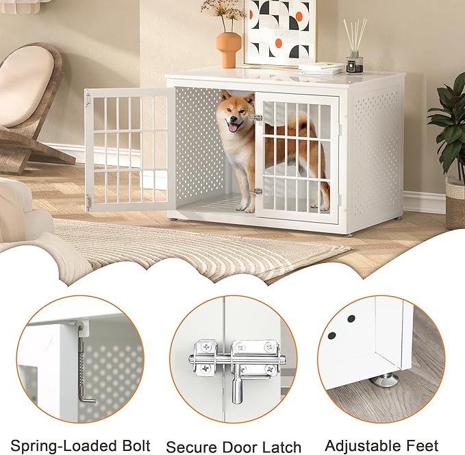 38" Heavy Duty Dog Crate Furniture for Large and Medium Dogs,Wooden Metal Kennel for High Anxiety Dogs, Chew Proof Pet Cage Indoor, Decorative Dog Kennel End Table, White-Mewly Pet