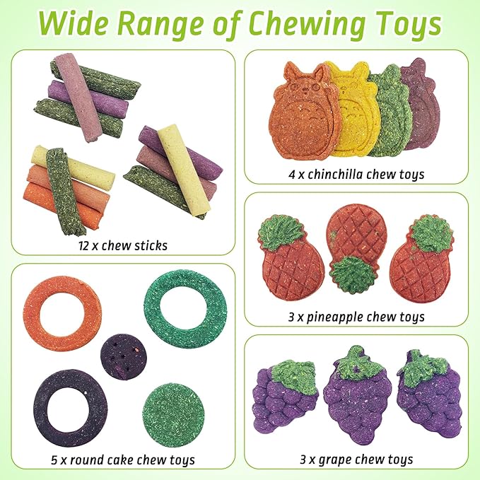 Fhiny 27 PCS Natural Bunny Chew Toys Molar Rabbit Toys Contain Timothy Grass Pumpkin Beets Purple Potatoes Carrot Hamster Treats for Chinchillas Guinea Pigs Mice Gerbils Teeth Grinding-Mewly Pet