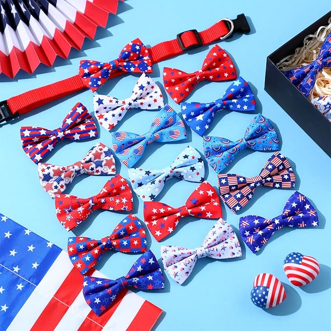 Hillban 50 Pcs Patriotic Collar Dog Bow Ties Blue and Red Star Print Dog Collar Accessories Bow Ties Attachment with Elastic Bands Detachable Charms for Pets Collar 4 of July Costume-Mewly Pet