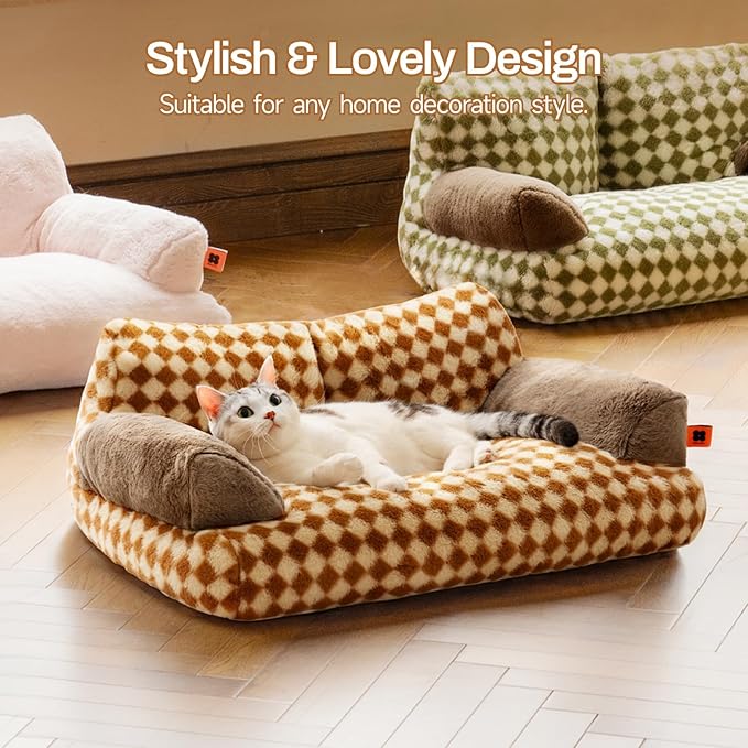 MEWOOFUN Cat Bed for Indoor Cats, Washable Dog Beds for Small Medium Dogs & Cats, Fluffy Cat Couch with Non-Slip Bottom, 26×19×13 Inch (Brown, 26.0" L x 19.0" W x 13.0" Th)-Mewly Pet