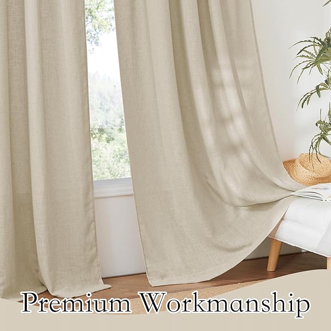 RYB HOME Semi Sheer Curtains 120 inches Long, Faux-Linen Privacy Sheer Drapes Look Classy Window Decor for Balcony Living Room Dining Room, 52 inch Width x 120 inch Length, Beige, 2 Panels Set