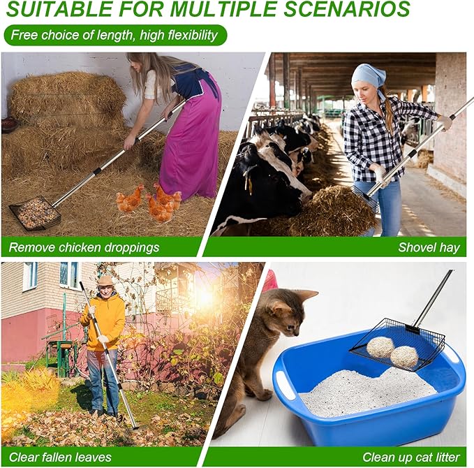 10inch Large Metal Chicken Poop Scooper, 36" to 75" Long Chicken Coop Litter Scoop with Stainless Steel Adjustable Handle, 4 in 1 Detachable Litter Sifting Shovel Scoop for Chicken Coop Accessories-Mewly Pet