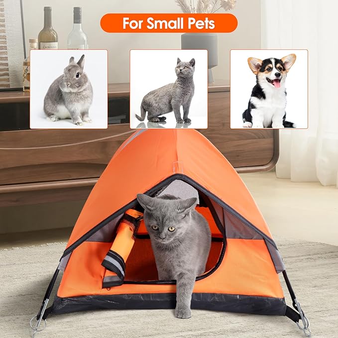 Cat Camping Tent, Cat Tent Bed, Pet Tent for Indoor Cat and Small Dog, Mini Tent (Orange, 21 x 21 x 14 Inches)-Mewly Pet