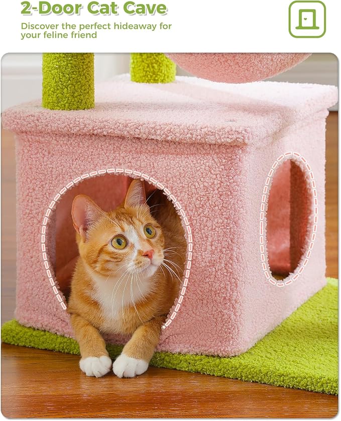 Pink Cat Tree, 47.6" Cat Tower with 2 Metal Frame Hammock, Cat Scratching Post for Indoor Cats with 2 Removable Pompom Sticks for Kittens, Pink-Mewly Pet