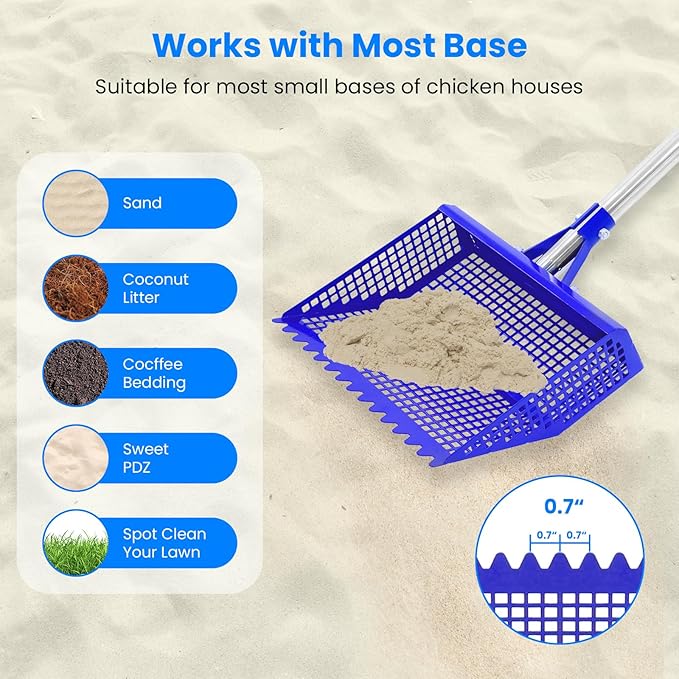 Chicken Poop Scooper Rake 2-in-1, Metal Shovel Head Chicken Coop Accessories, Adjustable 304 Stainless Steel Handle, Litter Scooper Sand Sifting for Chicken Coops Small Farm Animals(36" to 62")-Mewly Pet